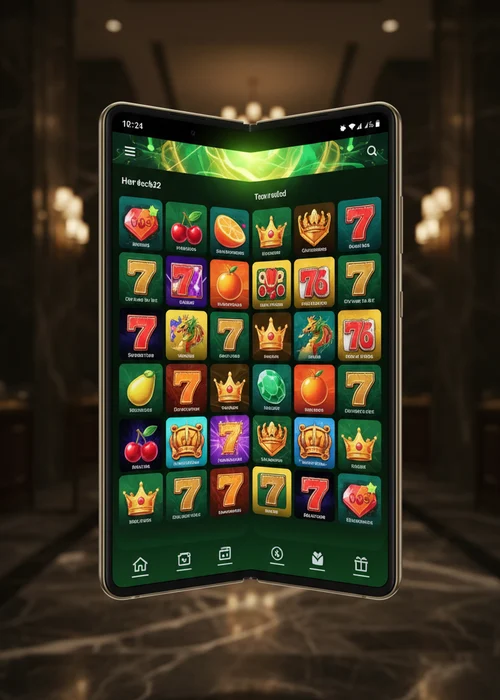 Een smartphone waarop de Vebet Casino PWA wordt weergegeven, met het spelaanbod en een welkomstbonusbanner. Het scherm toont een kleurrijke gokkastinterface en de knop 'Speel Nu' in een warme gloed.