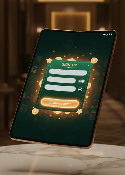 Mobiele telefoon met het registratieformulier van Vebet Casino, waar een gebruiker persoonlijke gegevens invult.